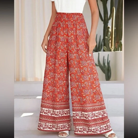 Boho Floral Print High Waist Wide Leg Palazzo Pants - Picture 4 of 5